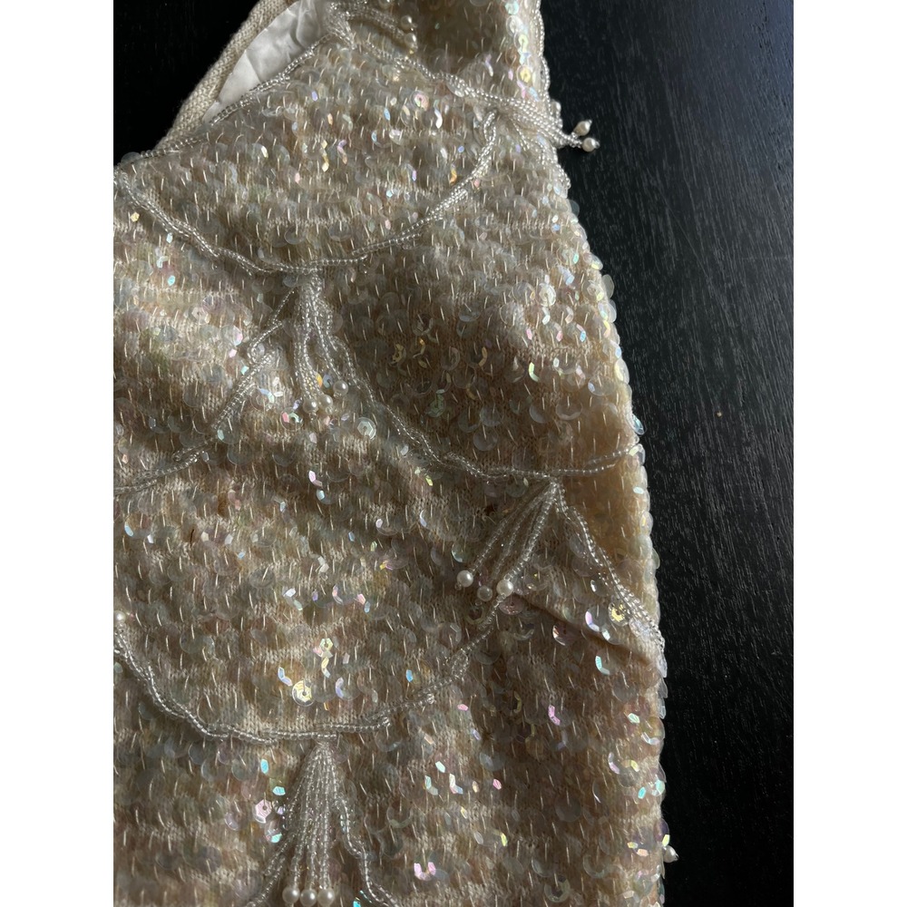 Vintage Wool Sequin Beaded Fringe Shell Top Cream Iridescent Small Flapper - Picture 5 of 14
